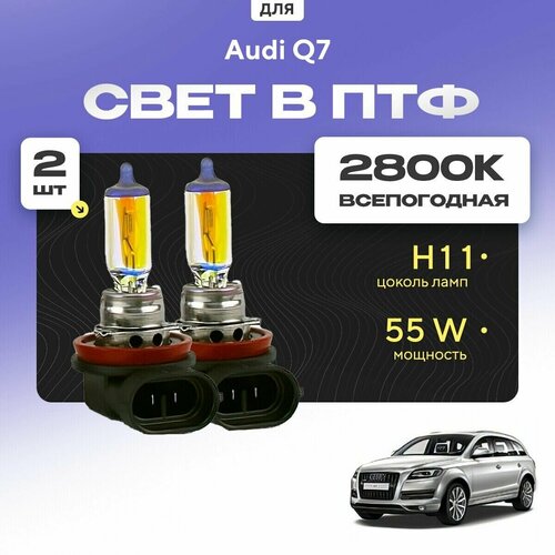 Всесезонные галогеновые лампочки 2800К H11 в ПТФ для Audi Q7 I (4L) дорест. и рест. 2005-2015. H11 в туманки для Ауди КУ7. Галоген в противотуманные фары фото