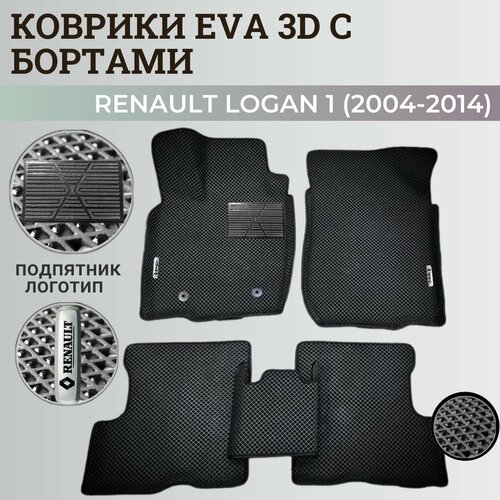 Коврики Рено Логан 1 / Renault Logan 1 (2004-2014) с бортиками, 3D ковры EVA, ЕВА, ЭВА с бортами+подпятник+логотип фото