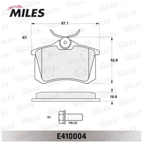 Дисковые тормозные колодки задние MILES E410004 без датчика + болты (4 шт.) черный фото