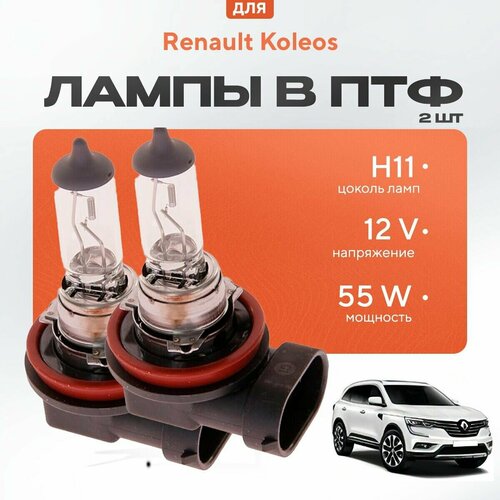 Галогеновые лампы H11 в ПТФ для Renault Koleos II 2016-2022. Галоген в туманки для Рено Колеос фото