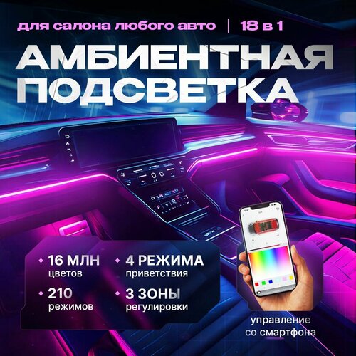 Комплект подсветки для автомобиля ARGB, светодиодная, контурная, универсальная с динамическим режимом с управлением через телефон / 18 в 1, 210 режимов фото